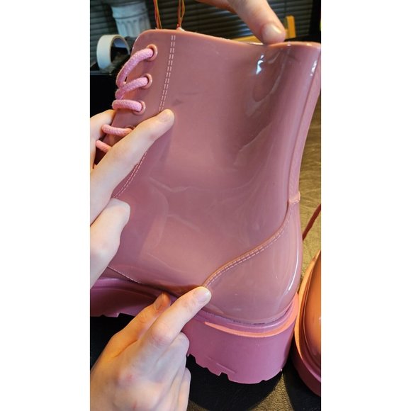BNWoT NEVER WORN Chunky Pink platform LaceUp Boots Wellies Rubber Platform Shoes - Picture 13 of 14